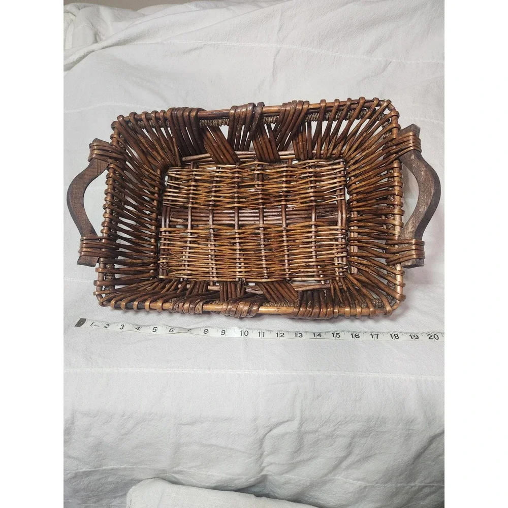 Vintage Rustic Rectangular Wicker Basket with Wood Handles Brown Woven Tray